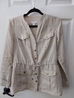 Charter Club Linen-Blend Cream Drawstring Utility Jacket